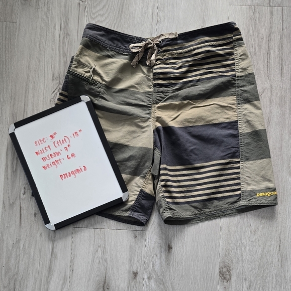 Patagonia | Wavefarer Fitz Stripe Basin Green activewear swim trunks | MENS 30" - Picture 3 of 11